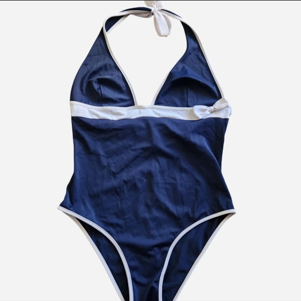 Burberry London Navy White One Piece Halter Swimsuit Size Large